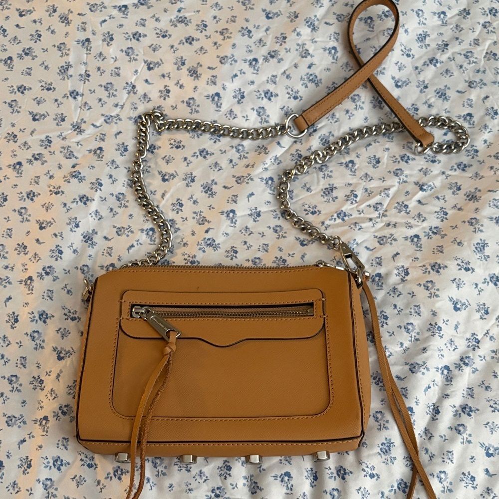 Rebecca Minkoff Avery Camel Tan Leather Crossbody Bag Silver Chain Link